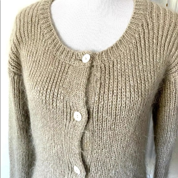 Vintage R.E.A.L Sz Small Cardigan Sweater Chunky Knit Button Mohair Wool Tan EUC - Picture 2 of 6